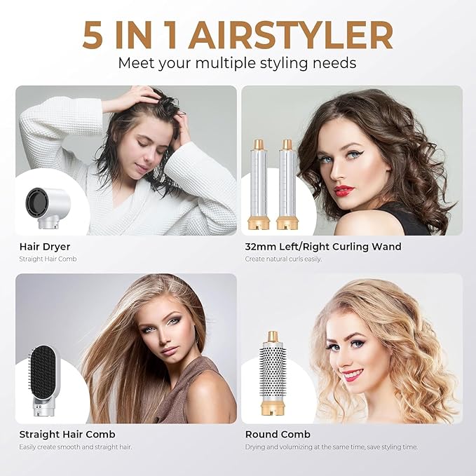 Hair Dryer Brush 5 in 1 Blow Dryer Brush Set Auto Wrap Curlers for Frizz-Free Volume Smooth Hair Damage Hair Styling Tools Gift for Drying Curling Straightening (Platinum)