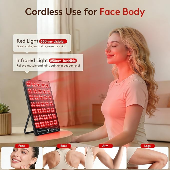 Red Light Therapy for Face Body: 660nm &amp 850nm Cordless Red Light Therapy Panel with Adjustable Stand - Red Infrared Light Panel with 3 Brightness Levels &amp Auto Off