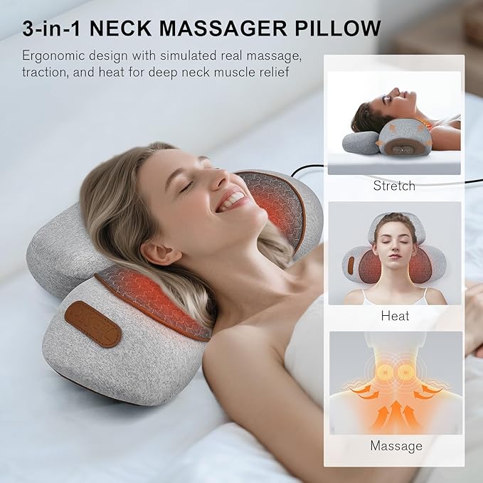 3-in-1 Neck Massager Pillow with Heat &amp Traction - Deep Tissue Relief &amp Hump Support for Neck and Shoulder Relaxation