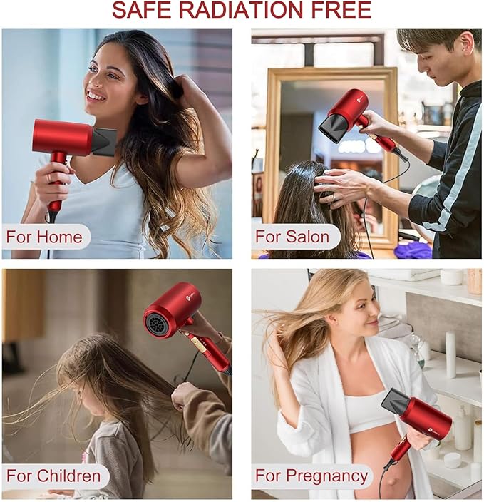 Slopehill Professional Ionic Hair Dryer Powerful 1800W Fast Drying Low Noise Blow Dryer with 2 Concentrator Nozzle 1 Diffuser Attachments for Home Salon Travel (Agate Red)