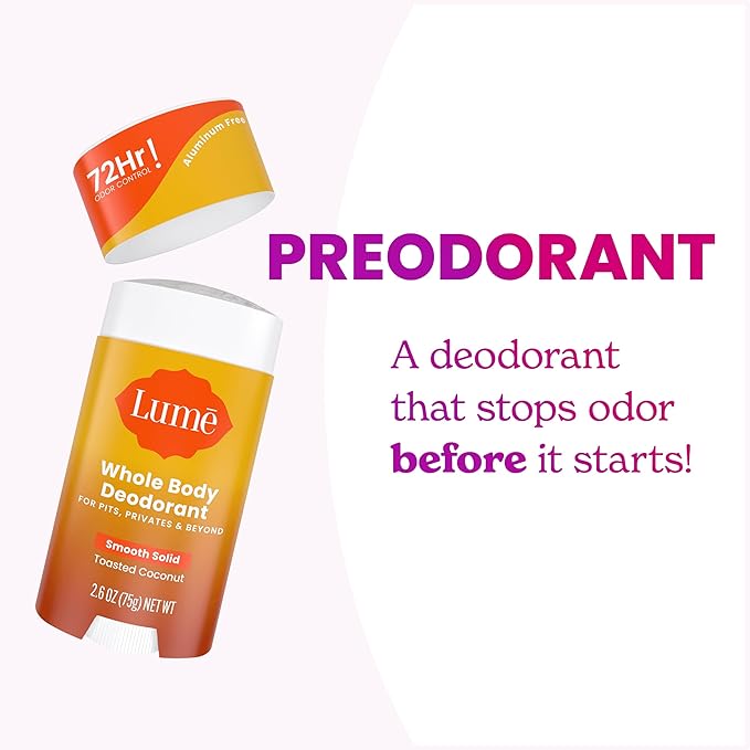 Lume Whole Body Deodorant - Smooth Solid Stick - 72 Hour Odor Control - Aluminum Free Baking Soda Free and Skin Loving - 2.6 Ounce (Pack of 3) (Toasted Coconut)