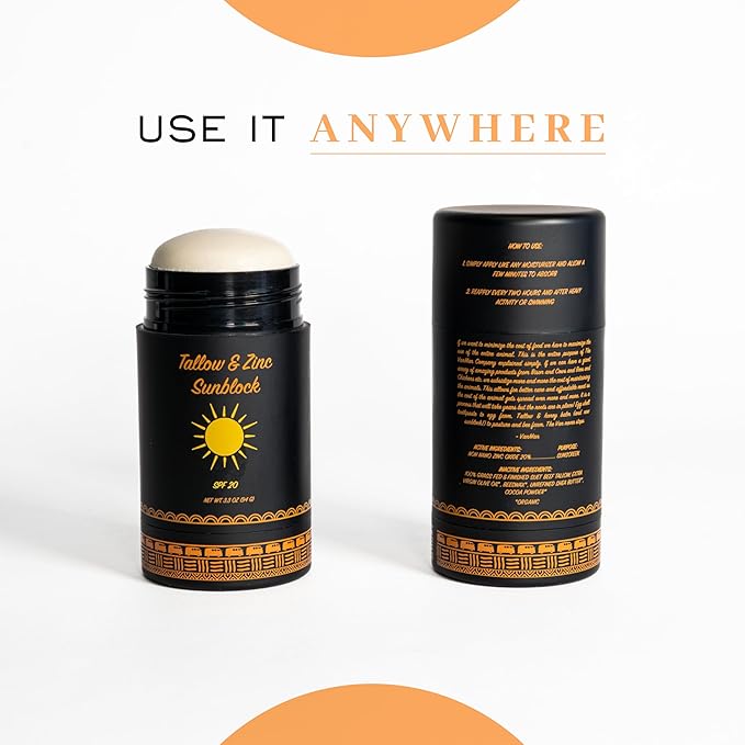 Vanman Tallow and Zinc Sunblock Stick - Mineral Sunscreen with Non-Nano Zinc Oxide - Sunstick Made with Grass Fed Beef Tallow for Face &amp Body Protection - 3.3 ounce