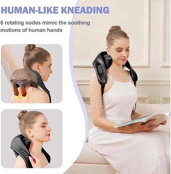 Cordless Neck and Shoulder Massager with Heat Electric Deep Tissue Kneading for Back Pain Hands-Free Shiatsu Massage Pillow Portable for Home Office Travel