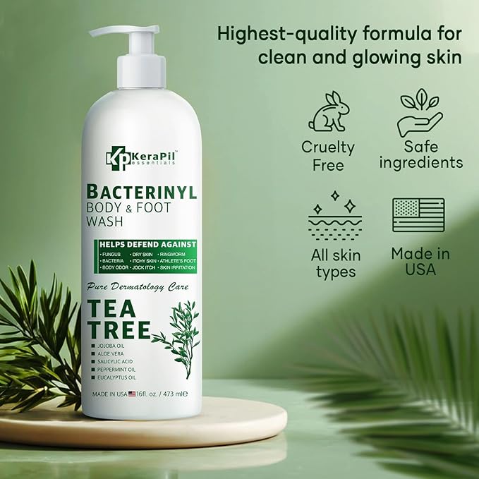 Bacterinyl Tea Tree Oil Body Wash - Antibacterial &amp Antifungal Support for Ringworm Body Odors Athlete’s Foot &amp Acne Helps Soothe Itchy Dry Skin - Made in USA (16 fl oz x 2)