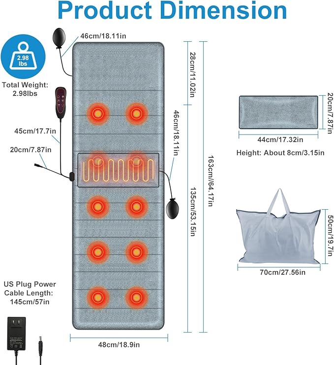 Full Body Electric Massage Mat with Heat Vibration Back Massage Pad Cushion with Inflatable Head Pillow and Lumbar Pillow 10 Vibration Motors 3 Timers