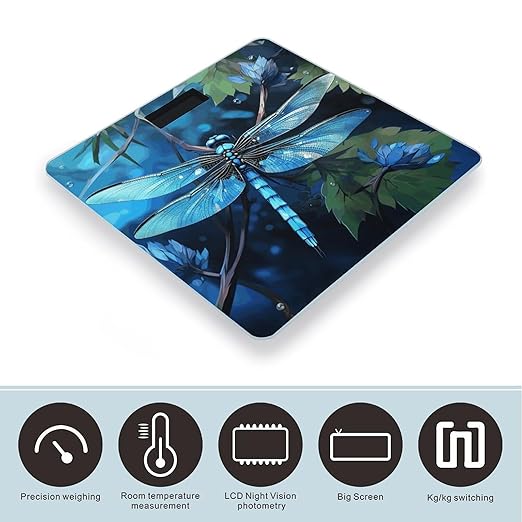 Art Blue Dragonfly Scale for Body Weight Safe Rounded Corners Tempered Glass Digital Bathroom Scale LED Display 400lb Capacity Weight Scales with High Precision Sensors