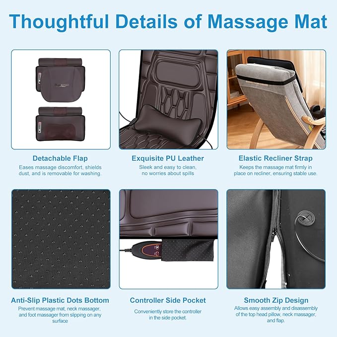 Moclever Full Body Massage Mat with HeatElectric Massage Pad for NeckBack Pain ReliefFoldable Cushion Mattress W/Timer &amp Adjustable Intensity Massager for Home or Office Use (PU Leather)