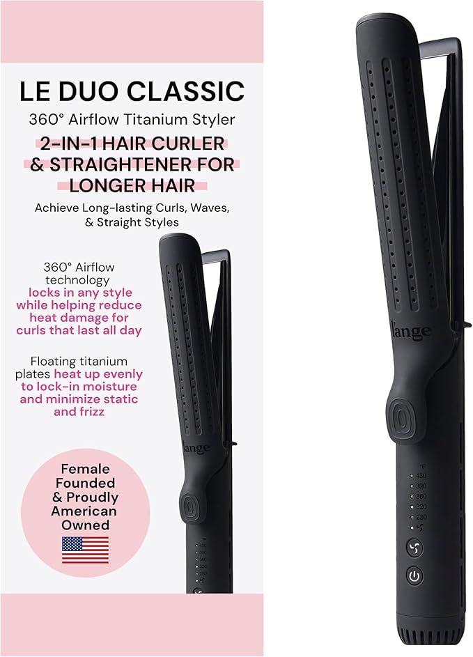 L'ANGE HAIR Le Duo Grande 360° Airflow 2 in 1 Straightener and Curler | 1 Inch Curling Wand &amp Titanium Flat Iron with 5.3 Plates | Hair Straightener &amp Curler for Long Hair (Black)