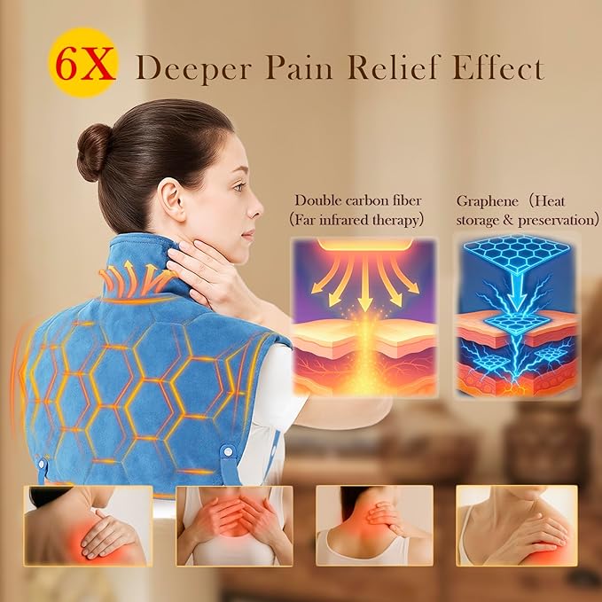 Nalax 30s Fast Heating Pad for Neck and Shoulders and Back 6X Deeper Far Infrared Pain Relief 8 Heat Settings Max 159℉ 4H Auto Off Memory Function Adjustable Strap Valentine Gifts Women 24x 20