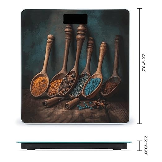 Spices on Wooden Spoon Scale for Body Weight Anti-Slip Digital Bathroom Scale Sturdy Toughened Glass Weighing Scales High Precision Safe Rounded Corners Smart Scales