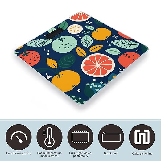 Hand Drawn Fruits Digital Bathroom Scale for Body Weight with High Precision Digital Weighing Scale with BMI Clear LCD Display and Step-On Measures Weight Up to 180kg