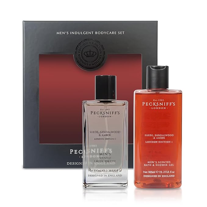 Pecksniff’s Men’s London Edition Fragrance Duo Gift Set – Suede Sandalwood &amp Amber Eau de Toilette 100ml &amp Bath &amp Shower Gel 300ml