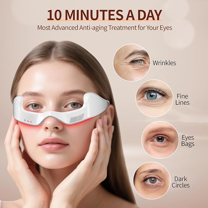 Under Eye Red Light Therapy Device 650nm Red Light Therapy Eye Massager for Relieve Eye Bags Eye Fatigue Dark Circles with Glasses Strap Light-Weight Hands-Free Use (White)