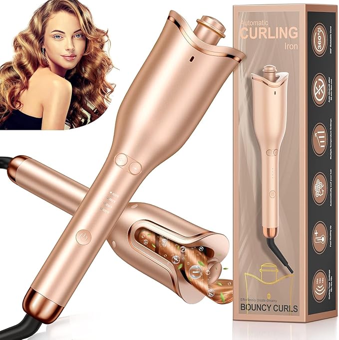 Automatic Curling Iron Auto Hair Curler with 1 Curling Wand Large Slot &amp 4 Temperature &amp 3 Timer Dual Voltage Anti-Tangle Rotating Curling Iron with Auto Shut-Off for Hair Styling Champagn