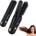 Cordless Hair Straightener Brush Portable Travel Hair Straightener 2 in 1 Cordless Mini Rechargeable Flat Iron &amp Hair Straightener Brush with Dust Cover Digital Display (Black)