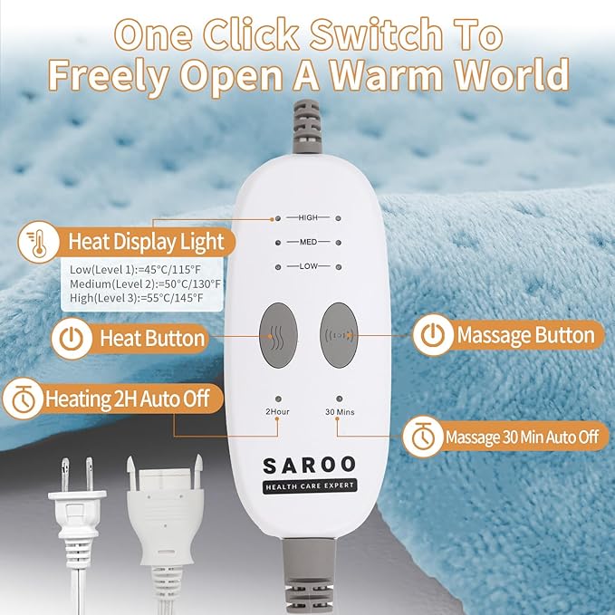 SAROO Heating Pad for Back Pain ReliefMassaging Weighted Heating Pads for Neck ShoulderCrampPortable Heated Pad with 3 Heat Settings &amp 6 Massage18 Relaxing CombinationsAuto Off12*24Sky B