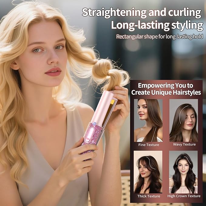 Feitenn Cordless Hair Straightener 2 in 1 Portable Straightener Hair Straightening Dual Voltage Flat Iron Fast Heat Wireless Hair Curler 5000mAh Rechargable for Travel Gift for Women（Pink）