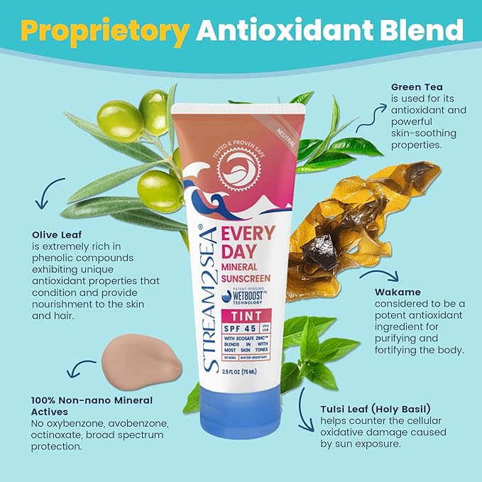 SPF 45 Every Day Tint Mineral Sunscreen | 2.5 Fl Oz Biodegradable Paraben Free &amp Reef Safe | Non-Greasy Tinted Sunscreen For Face &amp Body Protection Against UVA &amp UVB