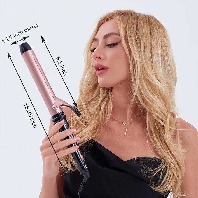 Lanvier 1.25 Inch Clipped Curling Iron with Extra Long Tourmaline Ceramic Barrel Professional Hair Curler up to 450°F Dual Voltage for Traveling Hair Waving Style Tool for Girls &amp Women-Rose Gol