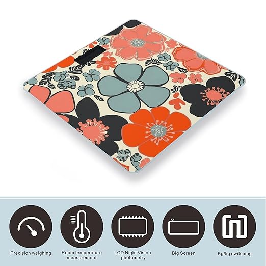 Retro Floral Scale for Body Weight Anti-Slip Digital Bathroom Scale Sturdy Toughened Glass Weighing Scales High Precision Safe Rounded Corners Smart Scales