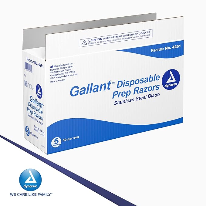 Dynarex Gallant Disposable Prep Razors Disposable Razors with Open Design Ergonomic Surgical Prep Razors 1 Case of 250 (5 Boxes of 50)