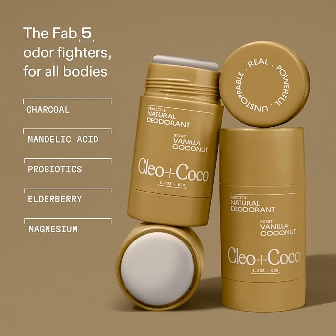 Cleo+Coco Sensitive Deodorant Balm Vanilla Coconut (2-Pack 2.2 oz Each) Aluminum-Free Baking Soda Free Natural Deodorant with 5X Odor Fighters Vegan No Synthetic Fragrance