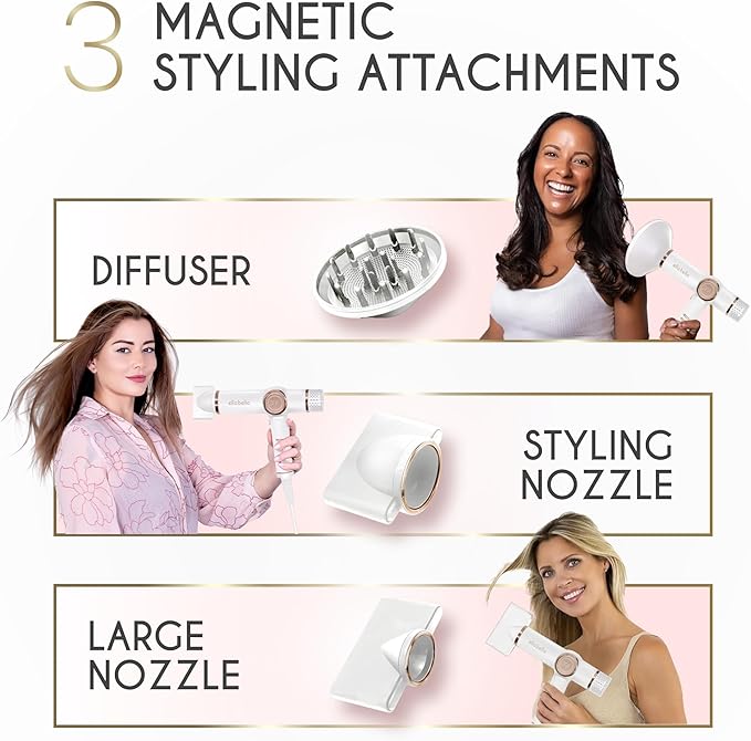 ELLA BELLA® Professional Ionic Hair Dryer with Diffuser • Negative Ion Blow Dryer • Suitable All Hair Types • Intelligent Heat Control &amp Rapid Drying Speeds • Lightweight Design • Low Noise Techno