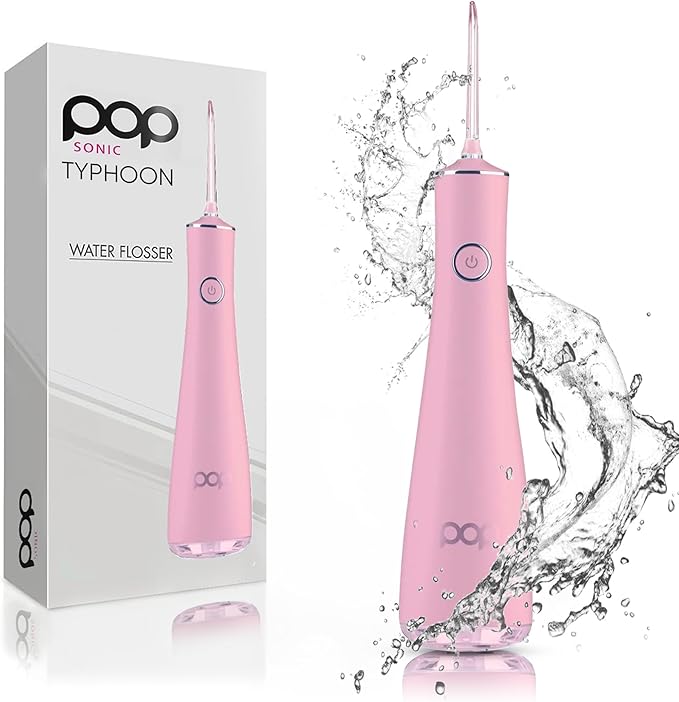 Pop Sonic Typhoon Water Flosser (Pink) Includes 4-Tip Portable Water Teeth Cleaner Picks Rechargeable Water Dental Picks for Cleaning w/ 3 Speeds IPX7 Waterproof Water Dental Flosser