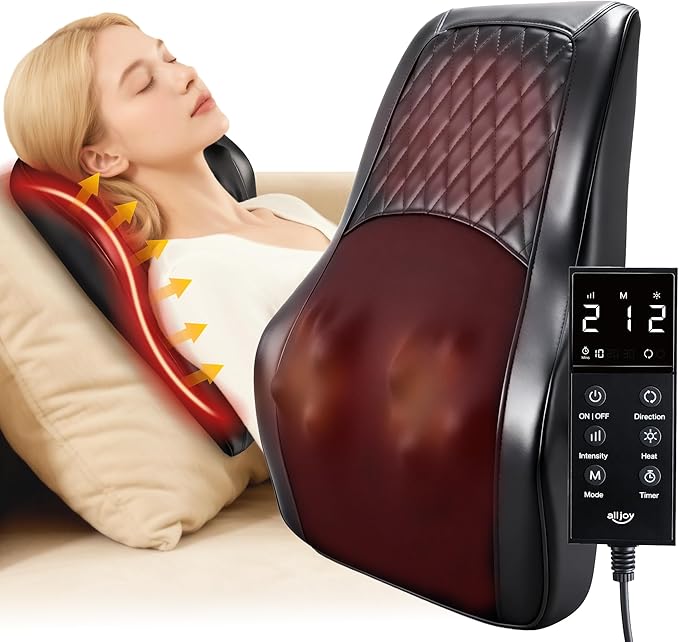 ALLJOY Back Massager with Heat Electric Shiatsu Massage Pillow with LCD Display 4 Modes &amp 3 Intensities Deep Tissue Kneading for Lower Back Neck Shoulder Leg Ideal Gifts for Men Women
