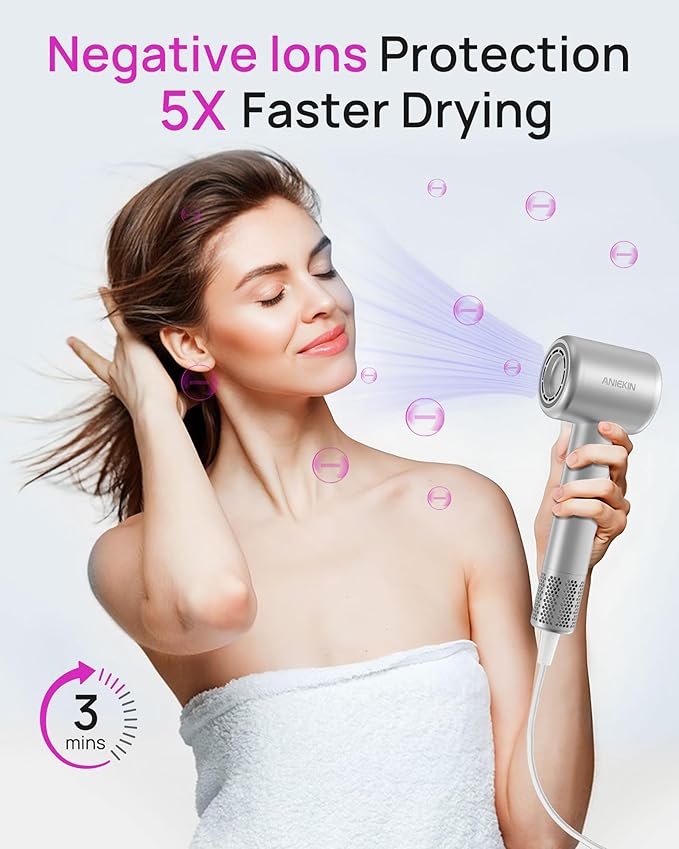 Hair Dryer High-Speed Ionic Low Noise Blow Dryer with Brushless Motor for Fast Drying Thermo-Control Quiet Compact Hair Blow Dryer with Magnetic Diffuser for Curly Hair for Home Travel Salon