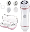 Facial Cleansing Brush 4 in 1 Electric Face Scrubber with Travel Case and 4 Brush Heads Waterproof Facial Cleansing Spin Brush for Gentle Exfoliation and Deep Cleaning (Pink)