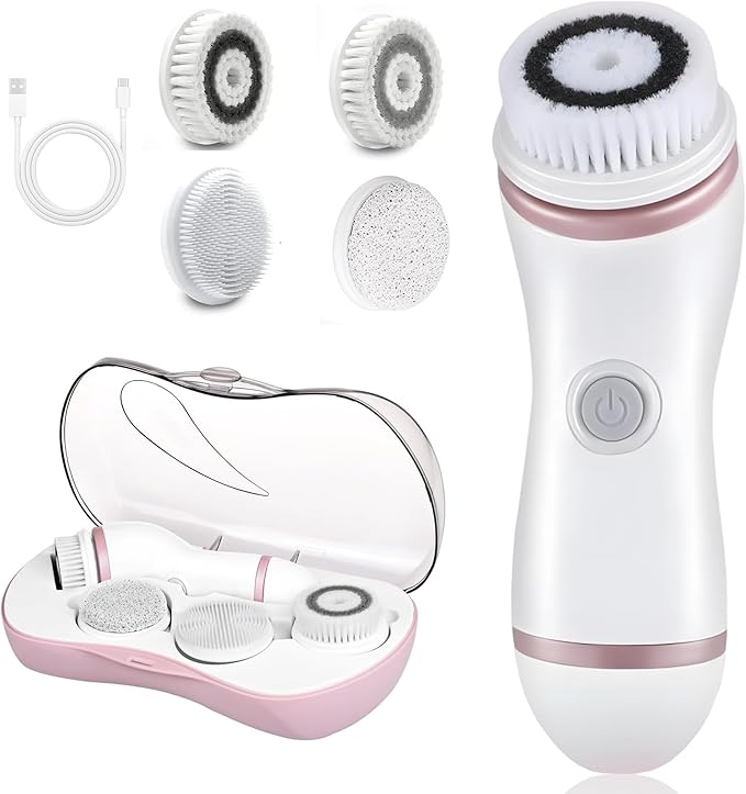 Facial Cleansing Brush 4 in 1 Electric Face Scrubber with Travel Case and 4 Brush Heads Waterproof Facial Cleansing Spin Brush for Gentle Exfoliation and Deep Cleaning (Pink)