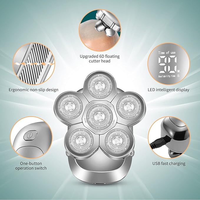 Electric Razor for Men Professional Electric Razor 6 Blade Washable Shaving Rechargeable Beard Bald Electric Grooming Shaver Men Body Hair Trimmer