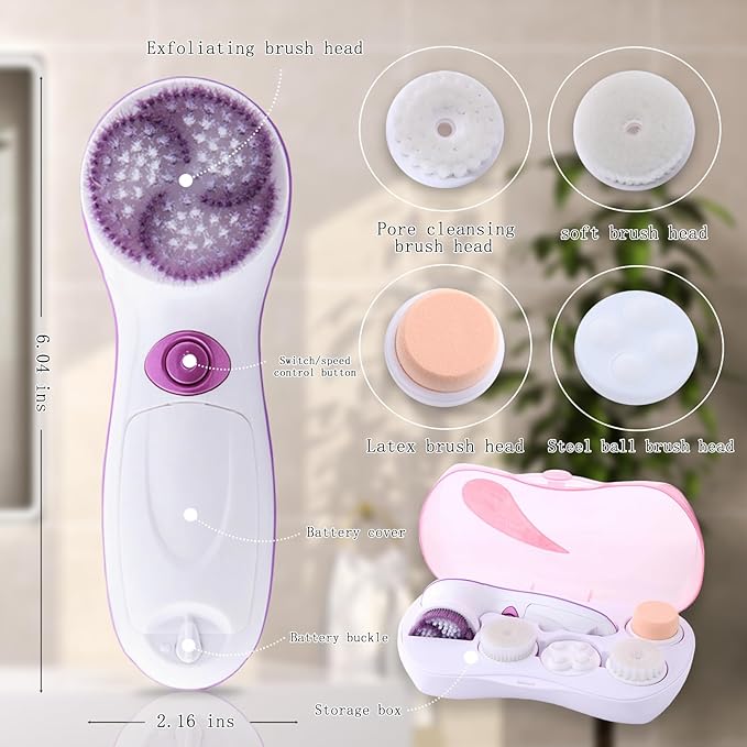 5 in 1 Electrical Facial Cleansing Brush Multi-Function Face Wash Brush with Travel Case and 5 Brush Heads Portable Face Scrubber with 2 Adjustable Speeds for Skin Cleaning and Exfoliating (Purple)