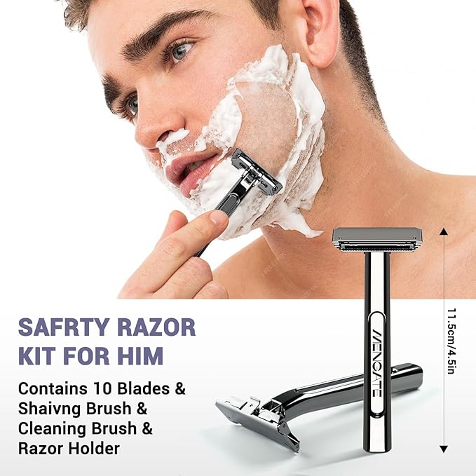 Adjustable 2-Blade Safety Razor Set with Magnetic Head for Men Women - with 10 Blades Shave Brush - Precision Shaving Reusable &amp Plastic-Free Shaver for Beard Head Leg Shaving