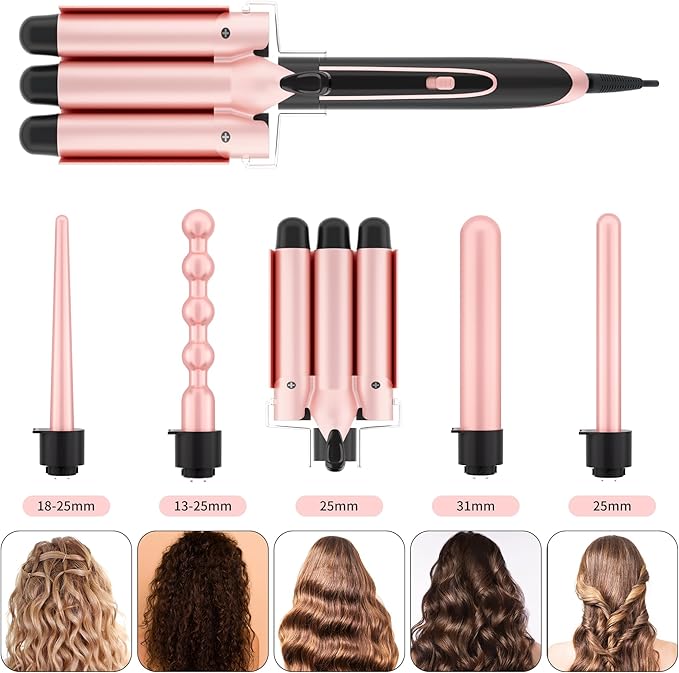 5 in 1 Curling Iron Set with 3 Barrel Curling Iron and 4 Interchangeable Ceramic Fast Heat Wand Hair Crimper Dual Voltage Hair Waver with Protective Glove &amp 2 Clips (Curling Wand （0.5-1.25)