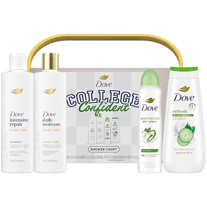 Dove Shower Caddy College Confident Gift Set – Cucumber &amp Green Tea Body Wash Intensive Repair Shampoo Daily Moisture Conditioner Cool Essentials Deodorant for Women (5 Piece Set)