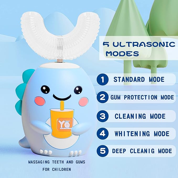 Kids U Shaped Electric Toothbrush with 4 Brush Heads Sonic Toothbrush Kids with 5 Modes Cartoon Dinosaur 360-Degree Cleaning IPX7 Waterproof Design (2-6 Age (Blue))