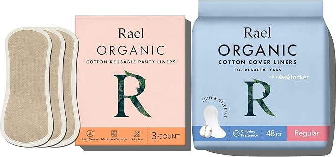 Rael Bundle - Organic Cotton Cover Incontinence Regular Liners (48 Count) Reusable Cloth Pantyliners 1 Pack (Brown 3 Count)