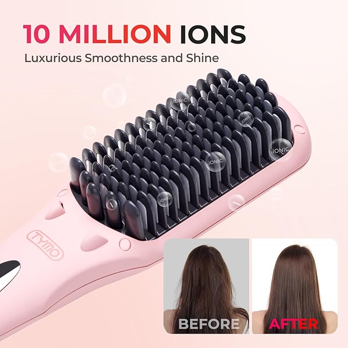 TYMO Ionic Hair Straightener Brush - Straightening Comb with 10M Negative Ions 25s Heat-up 16 Temps Dual Voltage LED Display | Ceramic Hot Comb Hair Brush Straightener for Women Pink