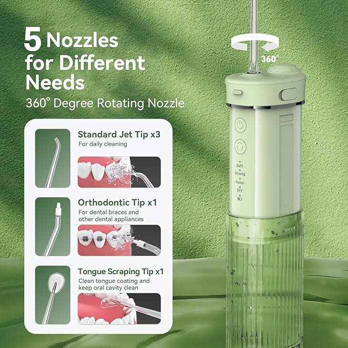 JTF Portable Water Flosser for Travel: Compact Mini Design 3 Modes &amp 8 DIY Pressure Levels for Sensitive Teeth &amp Braces - with 5 Nozzles &amp Removable 230ml Tank Cordless Oral Irrigator fo
