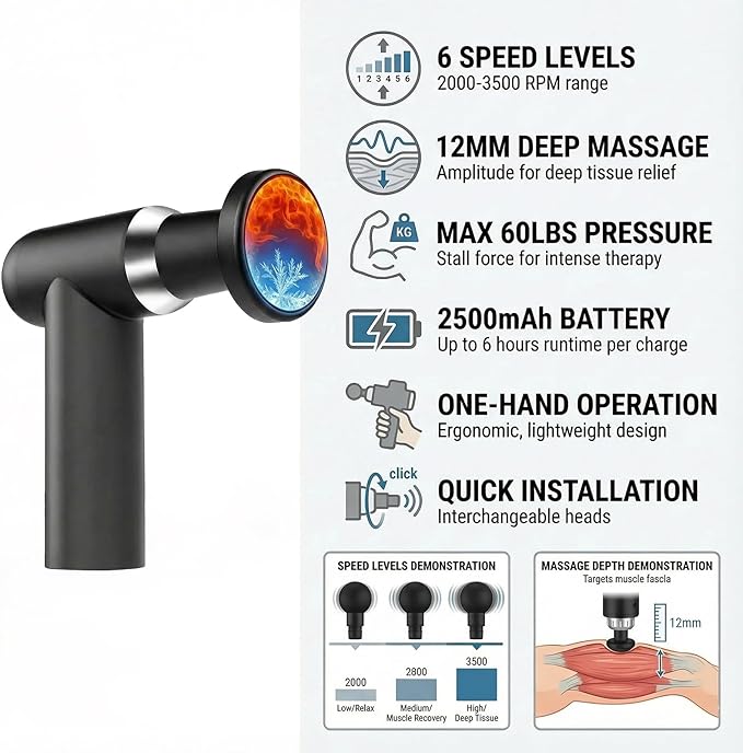 Hot and Cold Massage Gun - Detachable Extended Handle Massage GunDeep Tissue Massage Gun Used for Relieving Pain in The Back/Muscles of The Neck/Body with 6 Massage Heads LCD Display