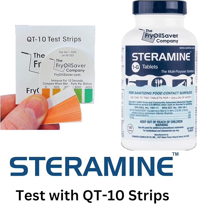Pack of 6 (900 Tab) Steramine Sanitizing Tablets w/ 30x QT-10 Test Strips by FryOilSaver Co. Steramine Multi Purpose Contact Solution Sanitizer Tablets for Gym Hotel Bar Restaurants &amp Food Ser