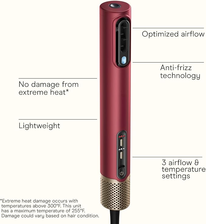 Infiniti PRO CONAIR 5-in-1 Hair Drying Wand Straightener and Styler Ionic All-in-One Digital Motor Blow Dryer Includes 4 High-Performance Attachments Cherry Red
