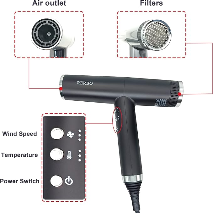 Professional Ionic Hair Dryer High-Speed 110000 RPM Low Noise Temperature Control Portable Negative Ionic Blow Dryer with Diffuser and Concentrator for Home Travel and Salon