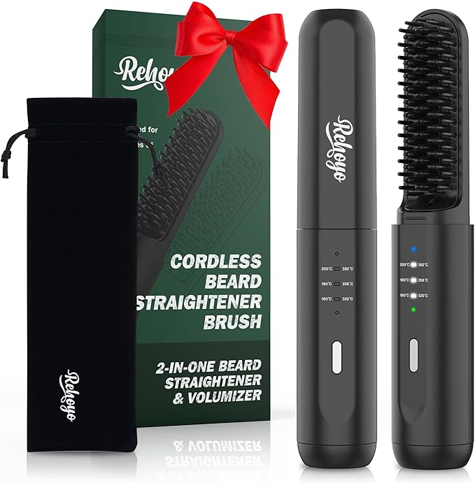 Beard Straightener for Men Portable Cordless Heated Hair &amp Beard Straightening Brush with Anti-Scald &amp Ionic Technology 3 Temperature Setting Comb for Home Travel