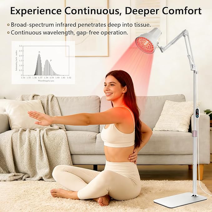 Home Infrared Heating Lamp for Body 150W High Power Infrared Lamp Red Light 660nm and Infrared Light 810-1000nm Adjustable Angle &amp 3 Brightness Adjustment &amp 10-90 Minute Timer for Home &amp