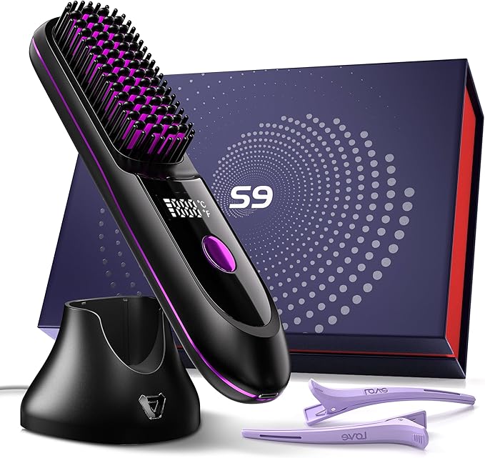 VELORIA Cordless Hair Straightener Brush with Charging Dock LED Temp Display 3 Heat Settings 320-392°F Ceramic Heated Straightening Comb Dual Lithium Battery 6000mAh Black