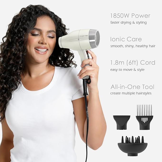 TOME Hair Dryer with Diffuser 1875W Ionic Blow Dryer with Comb Attachment and Concentrator for Home Use Fast Drying with Cool Shot and 2 Heat &amp 2 Speed Settings 125V White