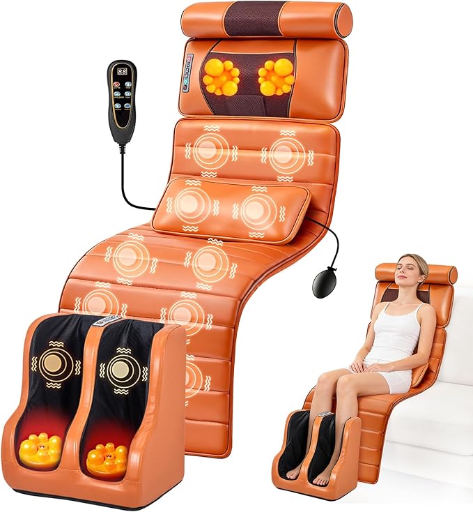 Full Body Massage Mat with Foot Massager Shiatsu Vibration Massage Pad with Heat Detachable Neck Pillow Airbag Lumbar Support &amp Remote Control for Back Waist Legs and Feet